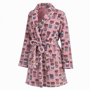 Pajama Mania 2X Robe Pink Plush Fleece  Coffee Cup Print Cozy Plus Size Lounge